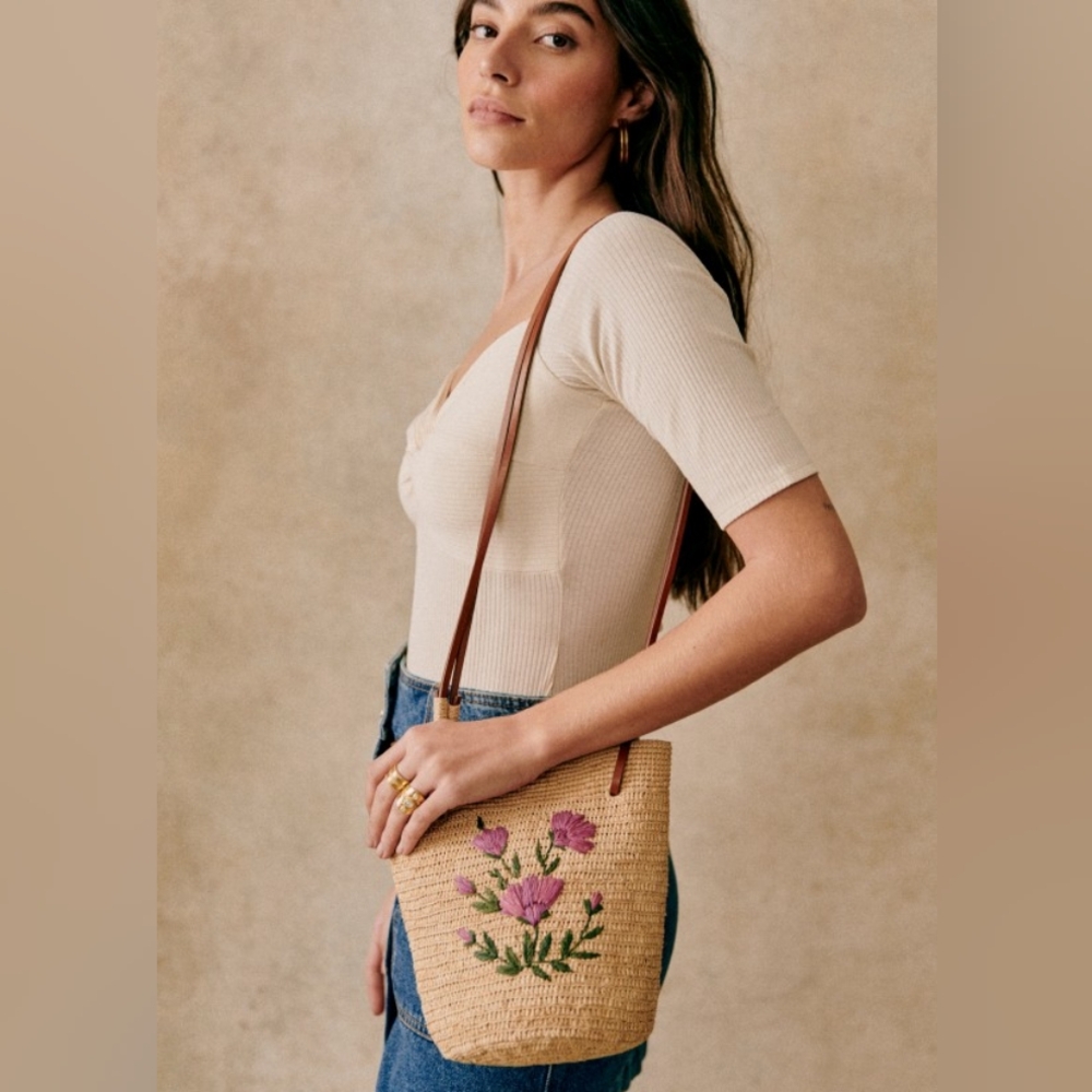 Sezane Josie Basket Raphia Embroidery Peony Flowers Multi